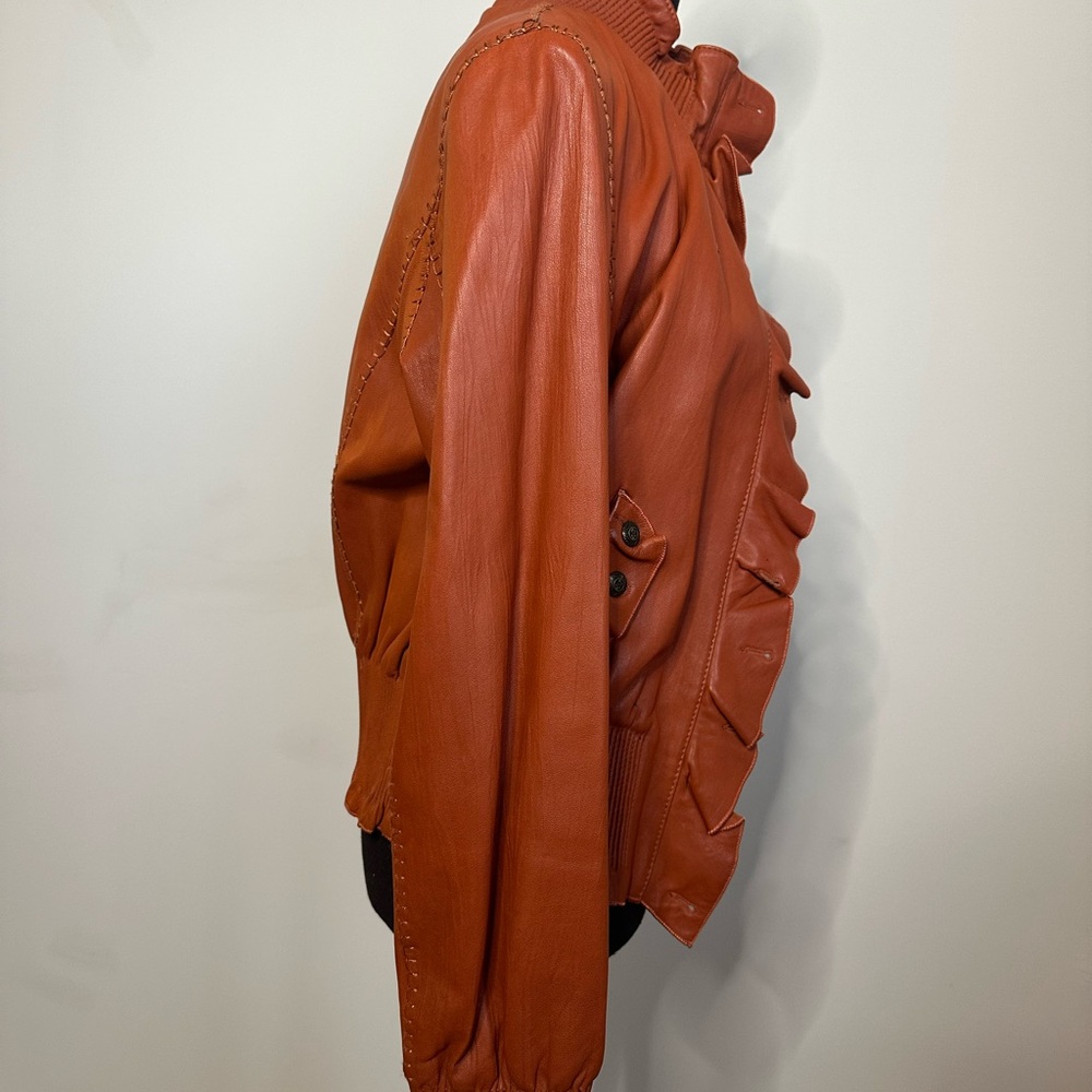 Vintage Cognac Leather Ruffle Peplum Jacket |Statement Jacket - Picture 10 of 15